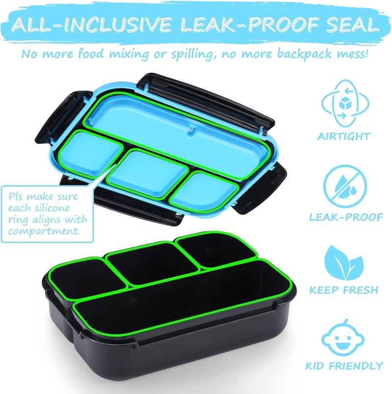 QQKO Bento Box for Kids Adults, School Toddler Lunch Box for Boys Girls, Lunch Box Containers with 4 Compartments, Sauce Container, Utensils, Food Picks and Muffin Cups for School, Black Blue - Image 5